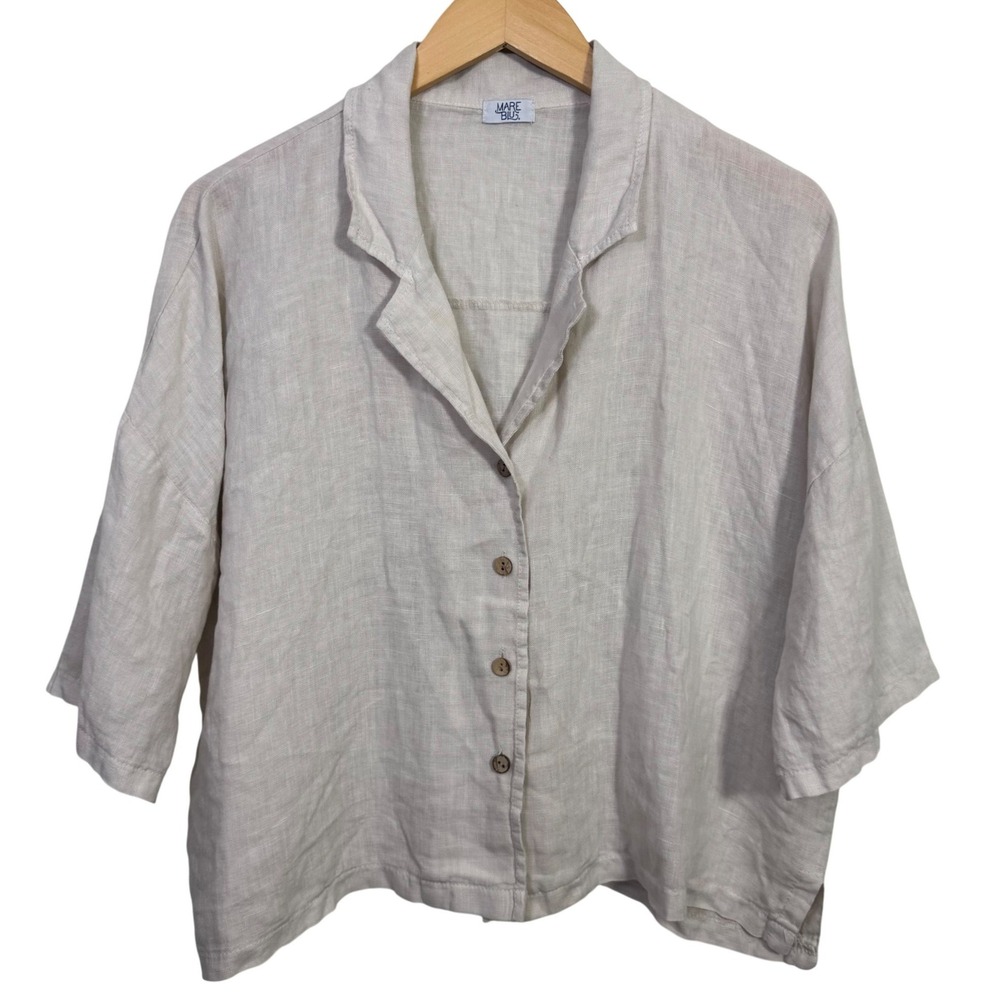 Mare Blu Italy 100% Linen Button Up Shirt Beige Cropped Boxy Short Sleeve Top